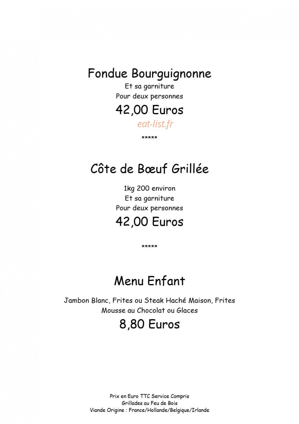 Carte et menu de Auberge du Coteau à Villars Fontaine — Le menu à 42€ et menu enfant