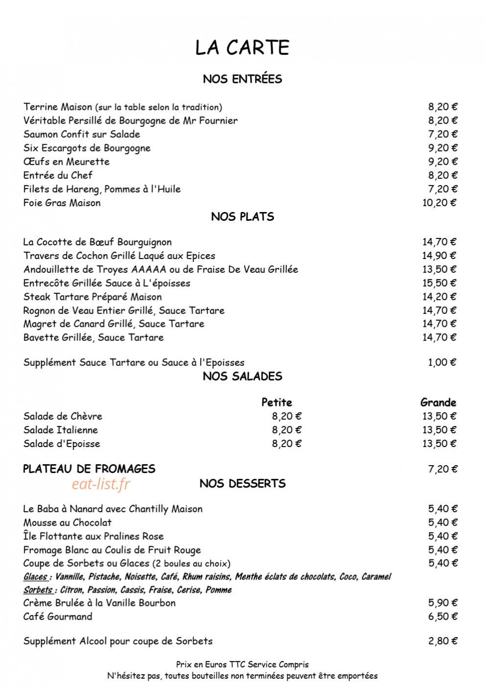 Carte et menu de Auberge du Coteau à Villars Fontaine — Les entrées, plats, salades et desserts