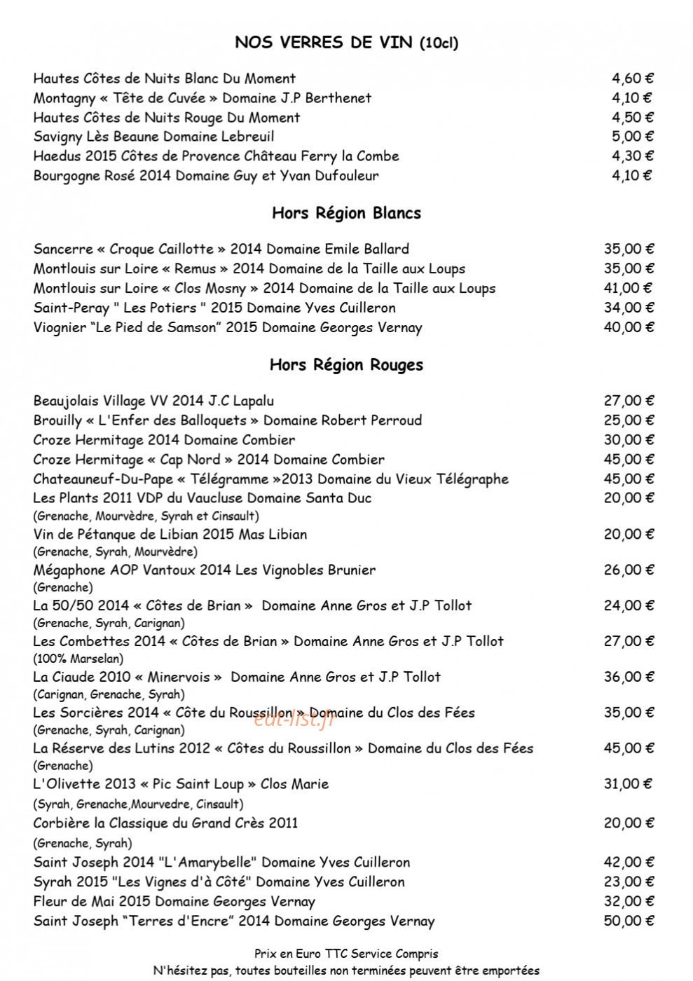Carte et menu de Auberge du Coteau à Villars Fontaine — Les vins page 3