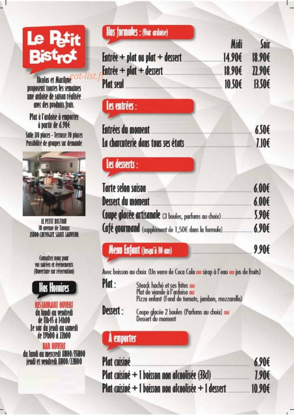 Le Petit Bistrot — carte page 1
