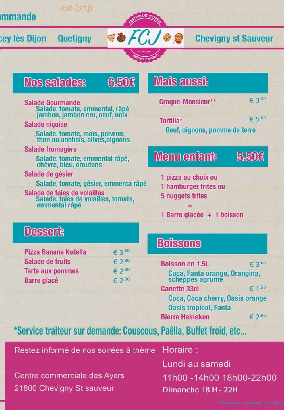 Carte et menu de Restaurant FCJ à Chevigny Saint Sauveur — Les salades, desserts, manu enfant...