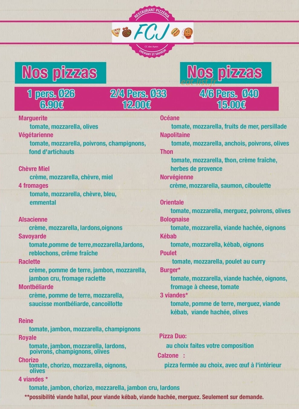 Carte et menu de Restaurant FCJ à Chevigny Saint Sauveur — Les pizzas