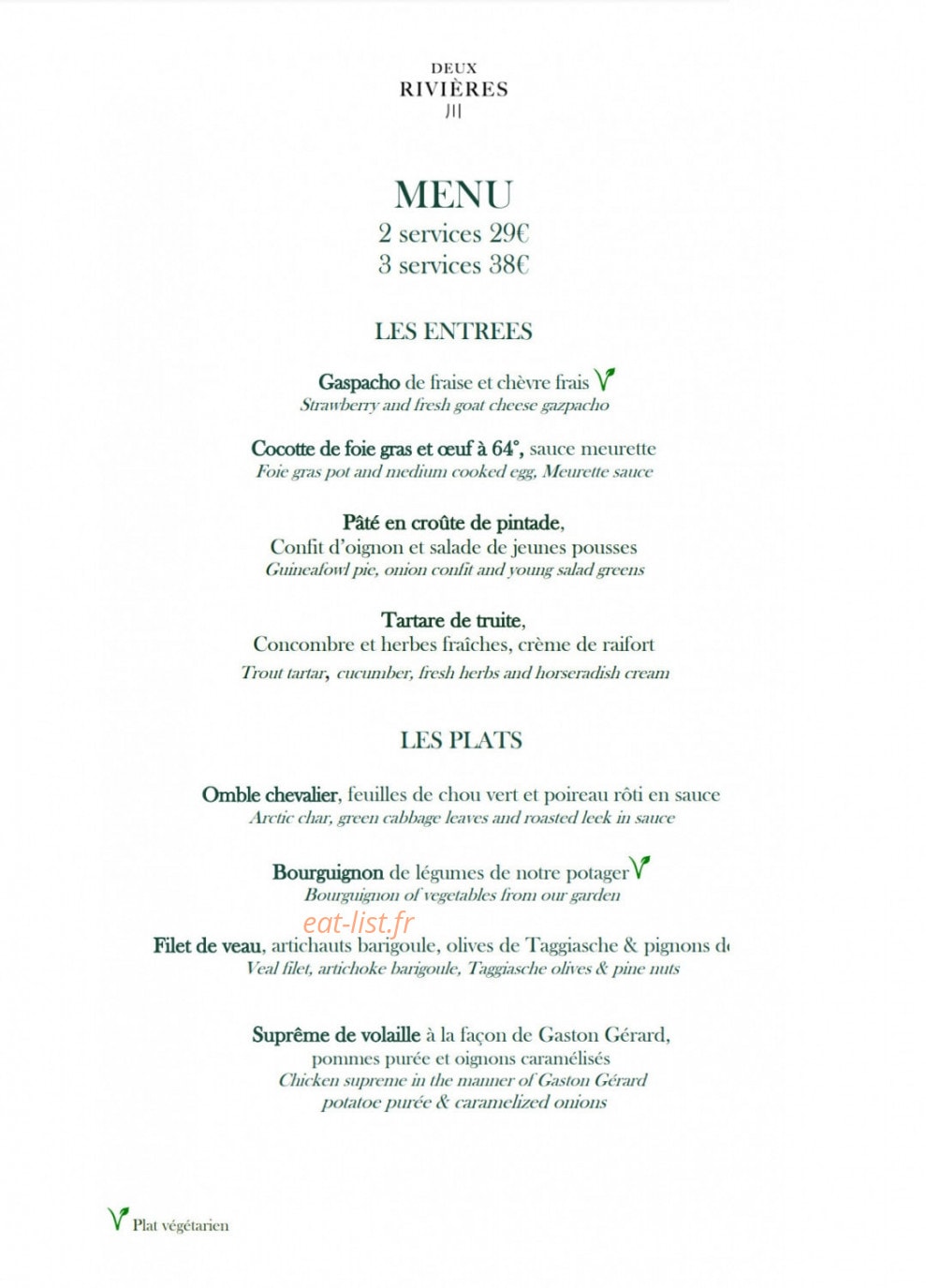 Restaurant Deux Rivières — carte page 1