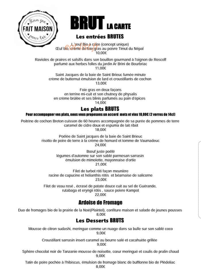 Brut le restaurant — carte page 1