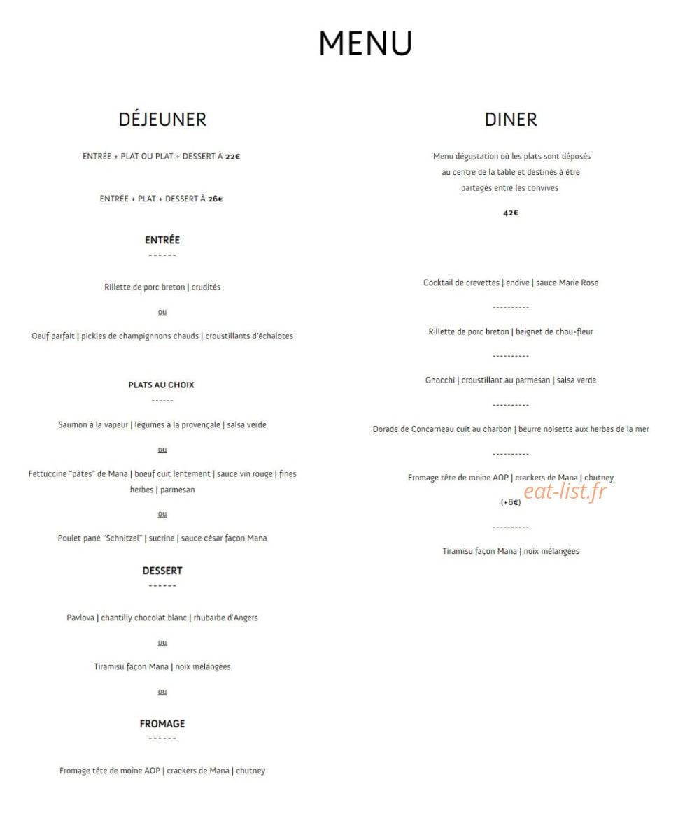 Mana Restaurant — carte page 1