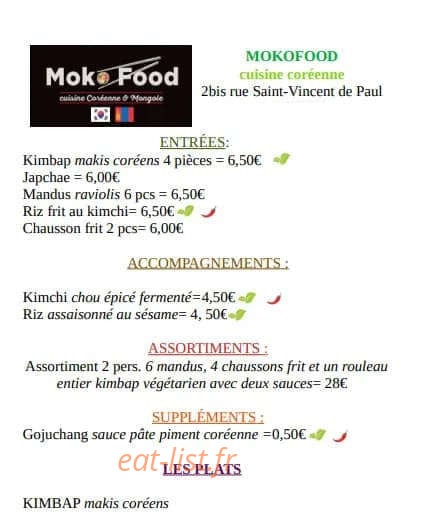 Moko Food — carte page 1
