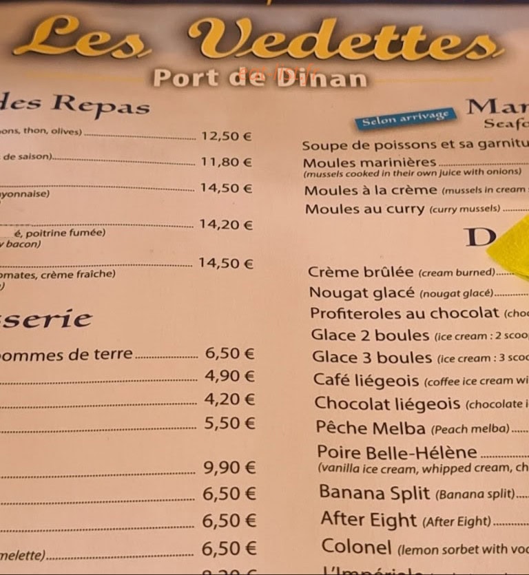 Bar des Vedettes — carte page 1