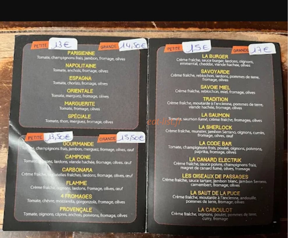 Carte et menu de L'instant pizza à Dinan — La carte