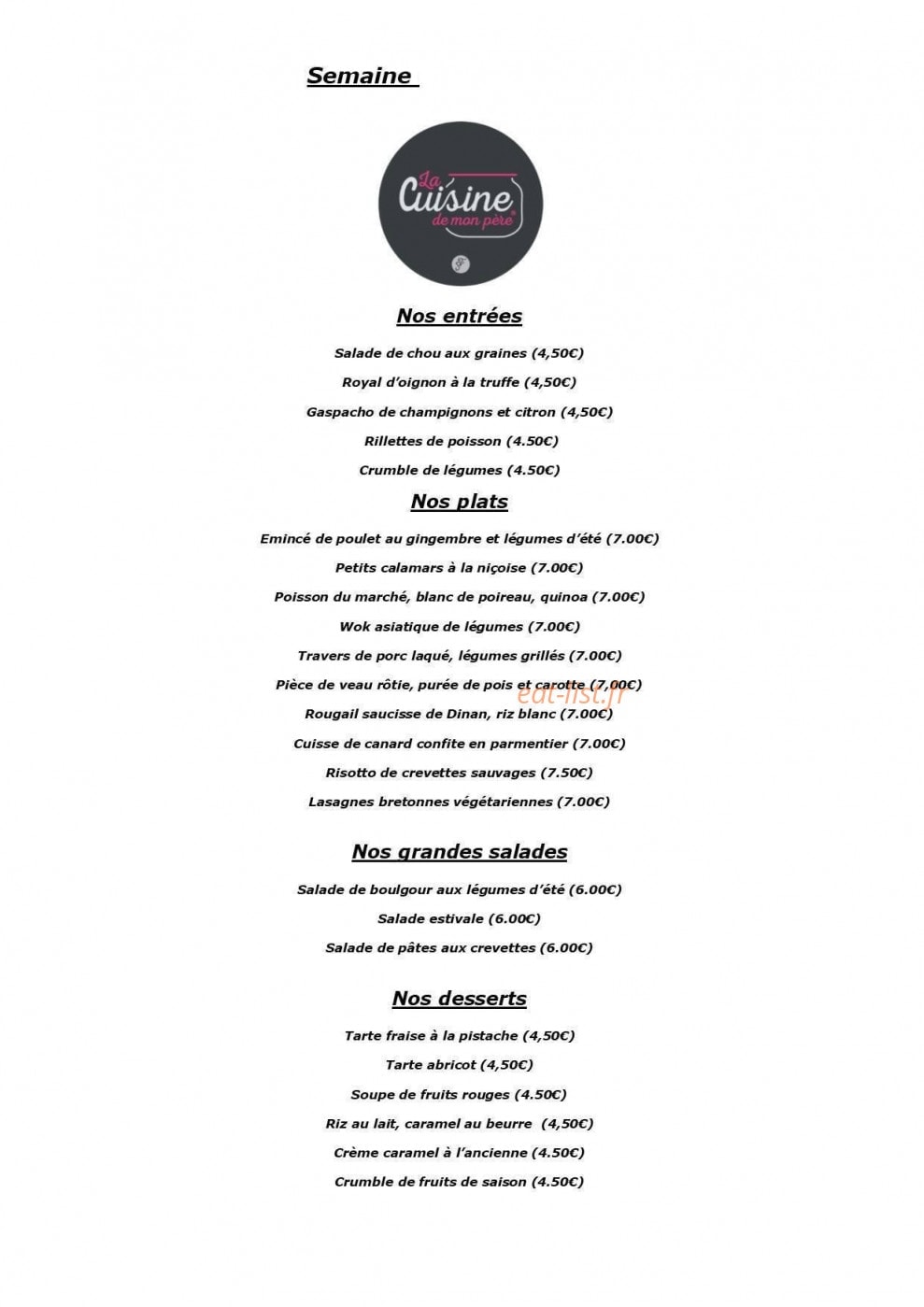 La Cuisine de mon Père — carte page 1