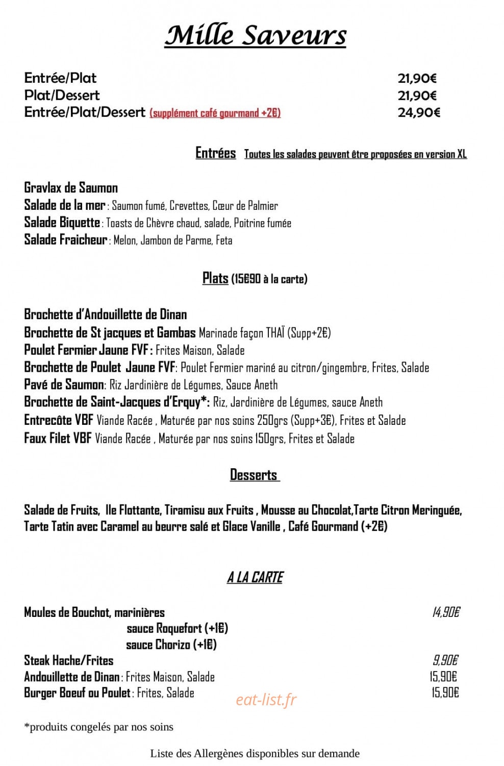 Mille Saveurs — carte page 1