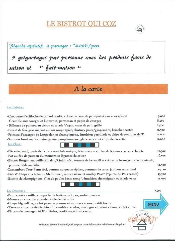 Le Bistrot qui Coz — carte page 1
