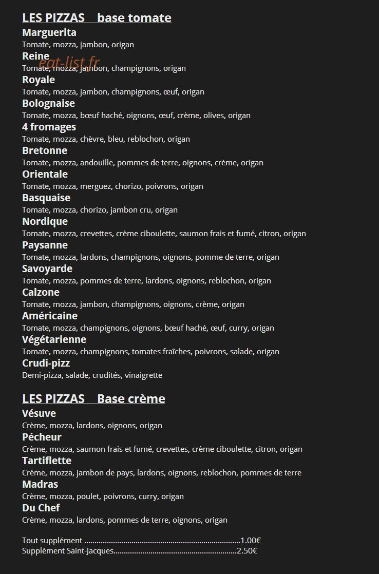 Pizzeria de la baie — carte page 1