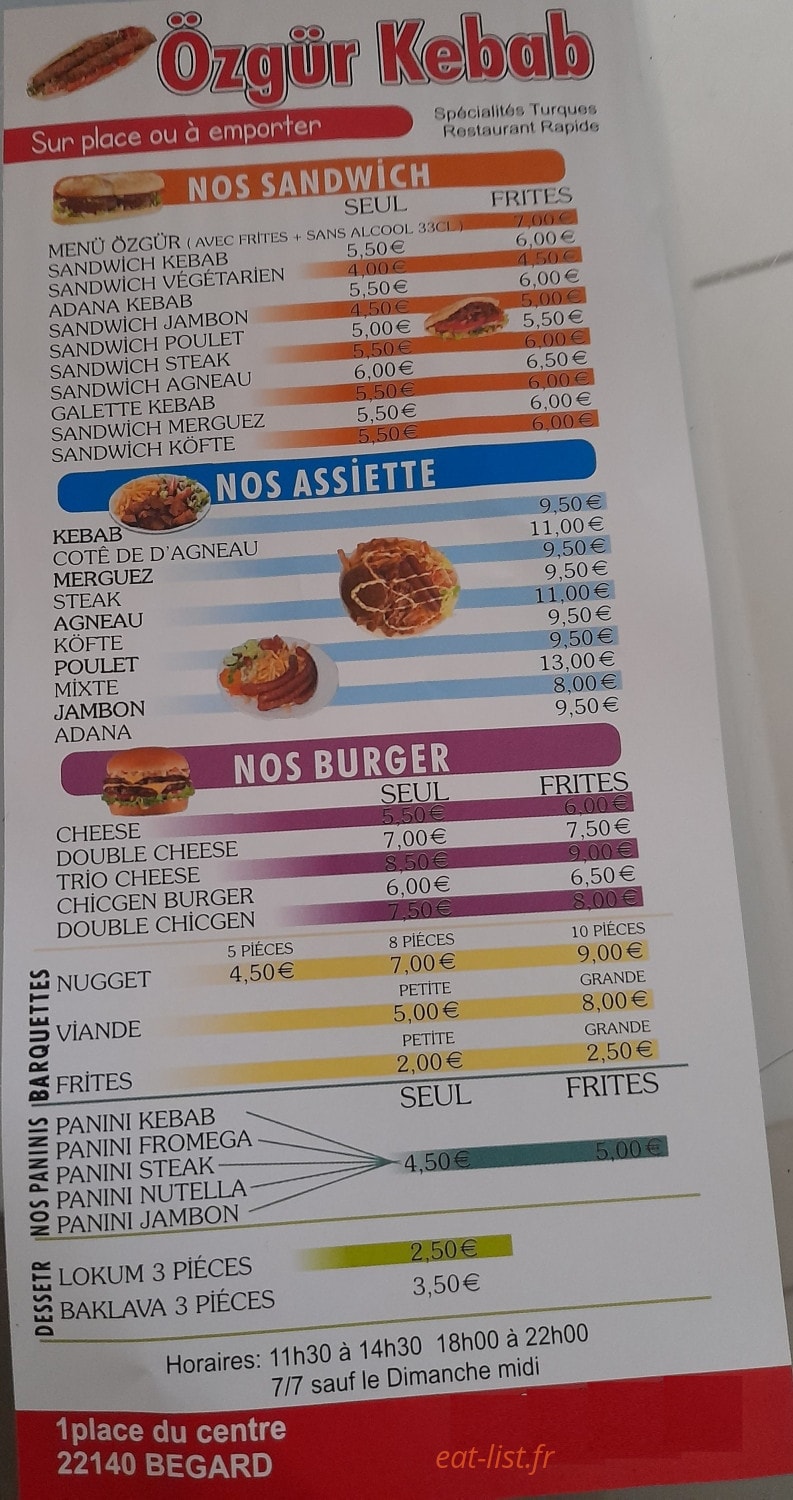 Ozgur Kebab — carte page 1