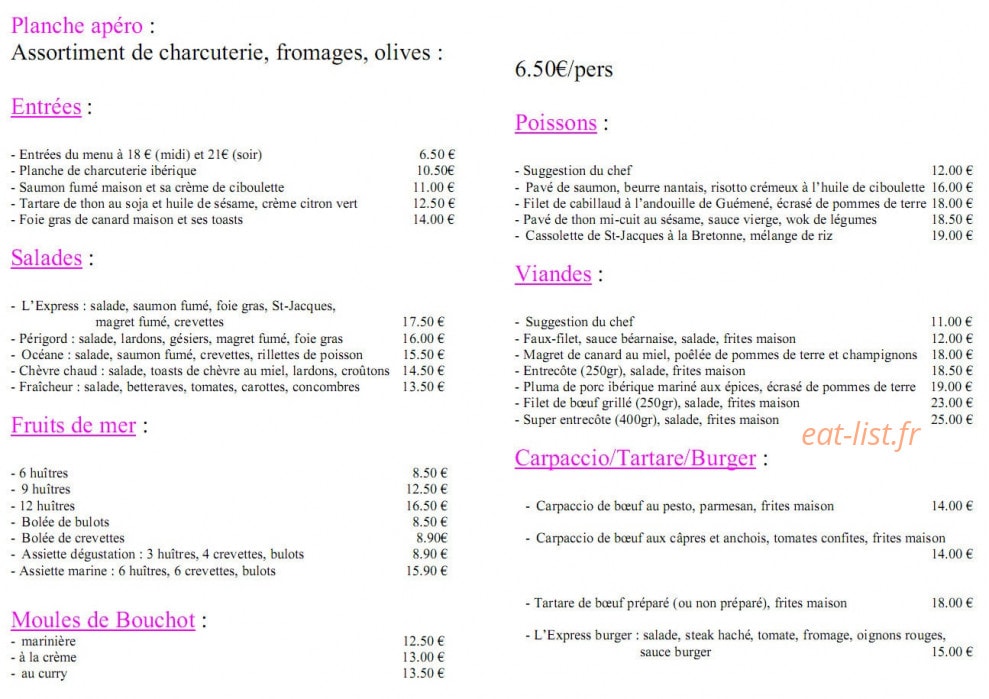 L'Express Restaurant — carte page 1