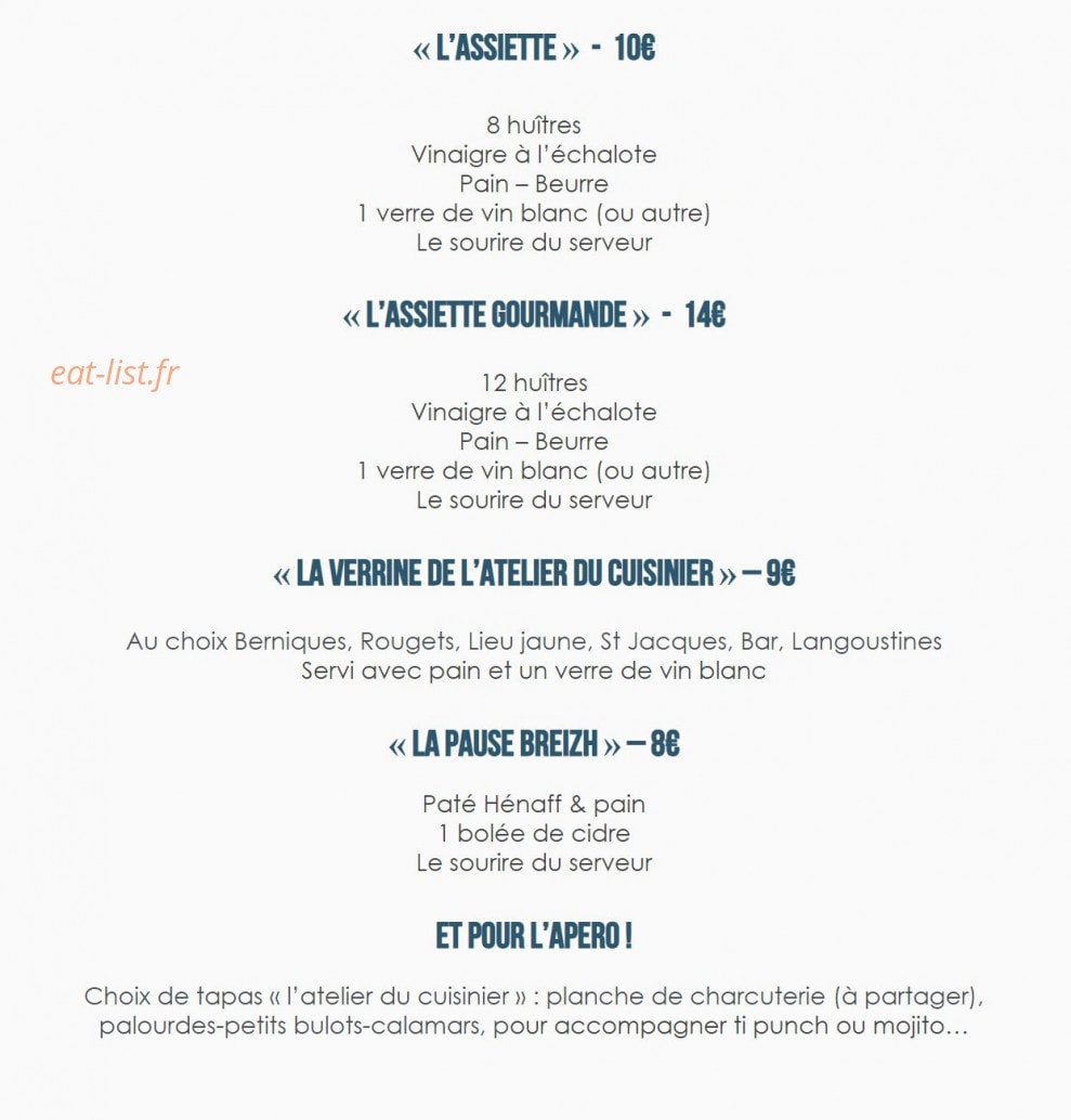 Carte et menu de La Cabane à Huîtres à Plouguiel — Les menus
