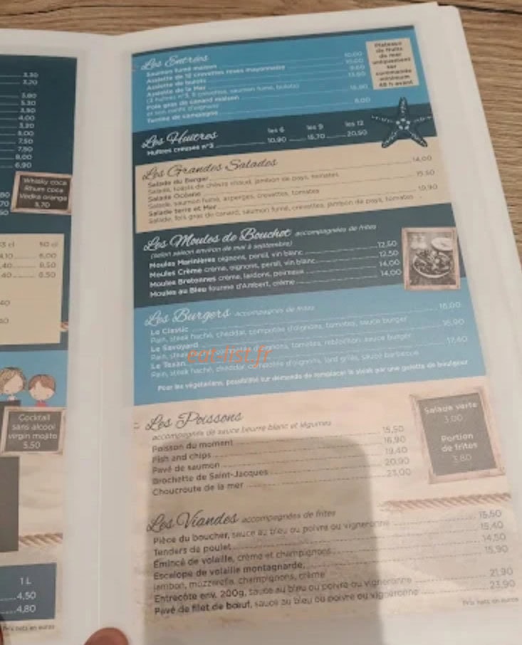 Carte et menu de O sables à Frehel — Entrées, huitres...