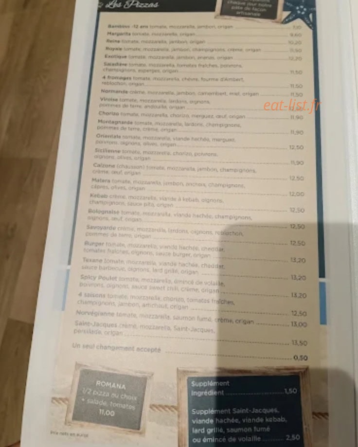 Carte et menu de O sables à Frehel — Pizzas