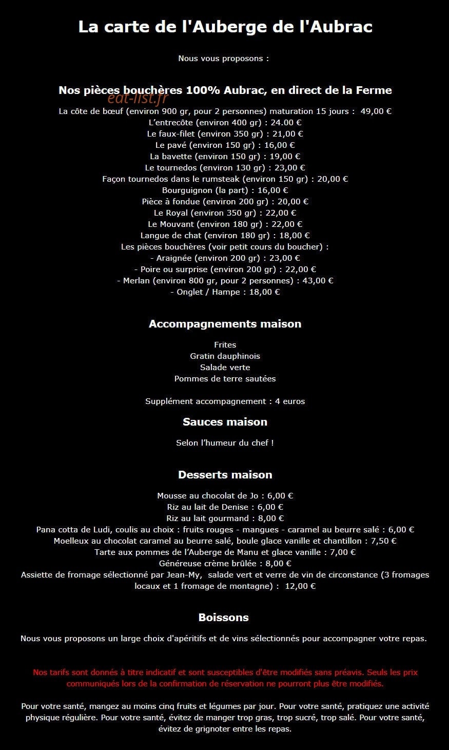 Carte et menu de L'auberge de l'Aubrac à Gommenec H — Pièces bouchères, accompagnements, sauces,..