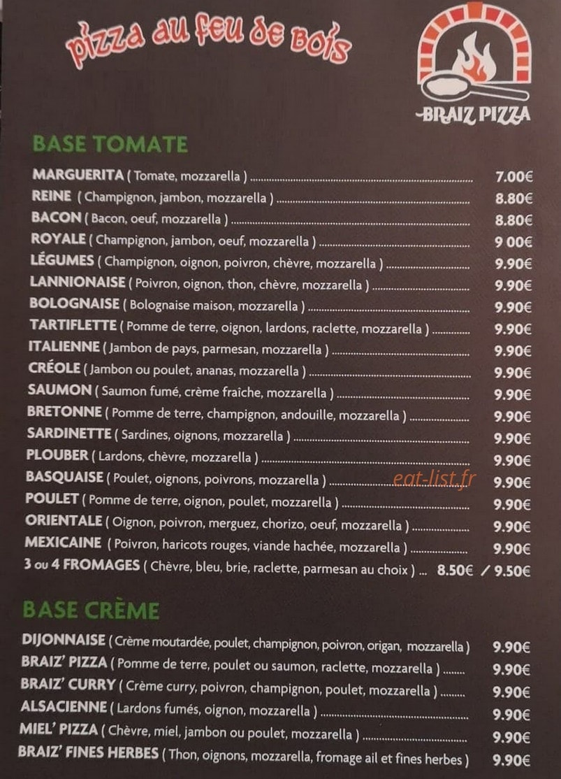 Braiz Pizza — carte page 1