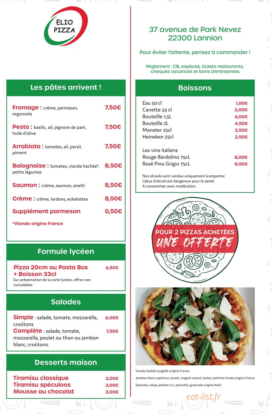 Elio pizza — carte page 1