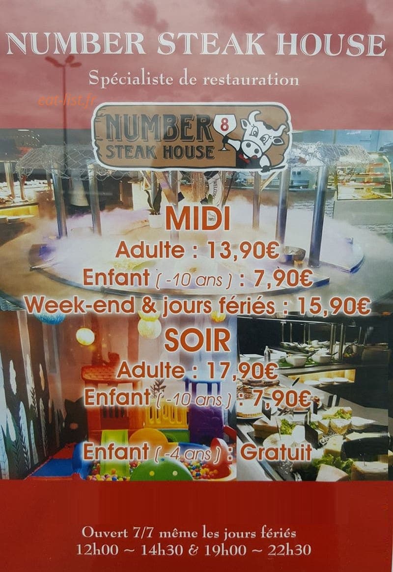 Carte et menu de Number 8 Steak House à Lannion — Menu à la carte