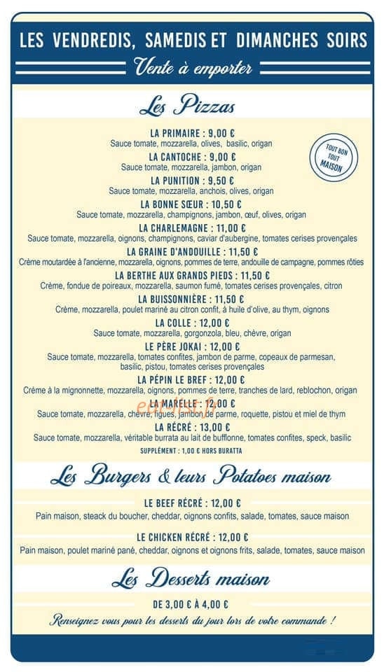 Carte et menu de La Récré des Papilles à Saint Quay Portrieux — Les pizzas, les burgers et desserts