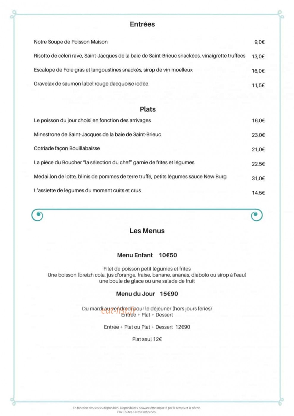 Carte et menu de Le Catamaran à Saint Quay Portrieux — les entrées et plats, menu enfant