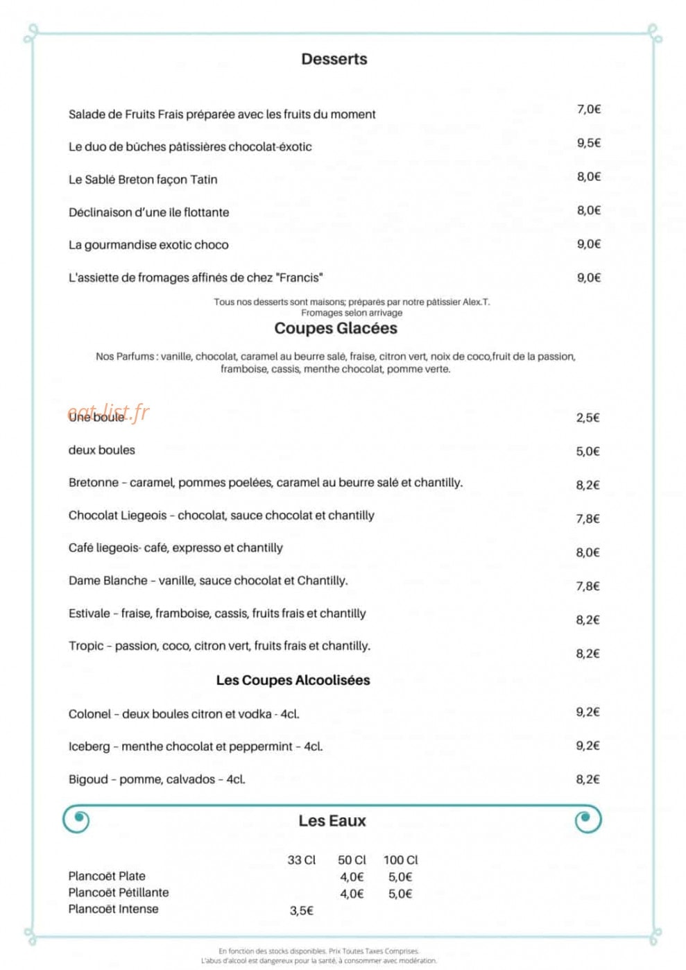 Carte et menu de Le Catamaran à Saint Quay Portrieux — les desserts et coupes glaces