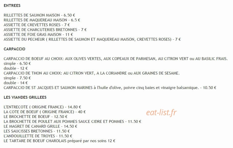 Carte et menu de Le Tartan à Saint Quay Portrieux — Les entrées, les carpaccios et les viandes grillées