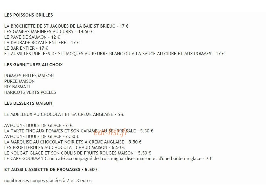 Carte et menu de Le Tartan à Saint Quay Portrieux — Les poissons grillés, les desserts maison ...