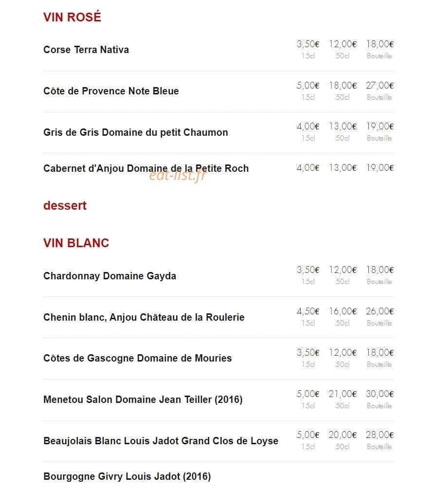 Carte et menu de Les cochons flingueurs à Saint Quay Portrieux — Vins rosés et blancs