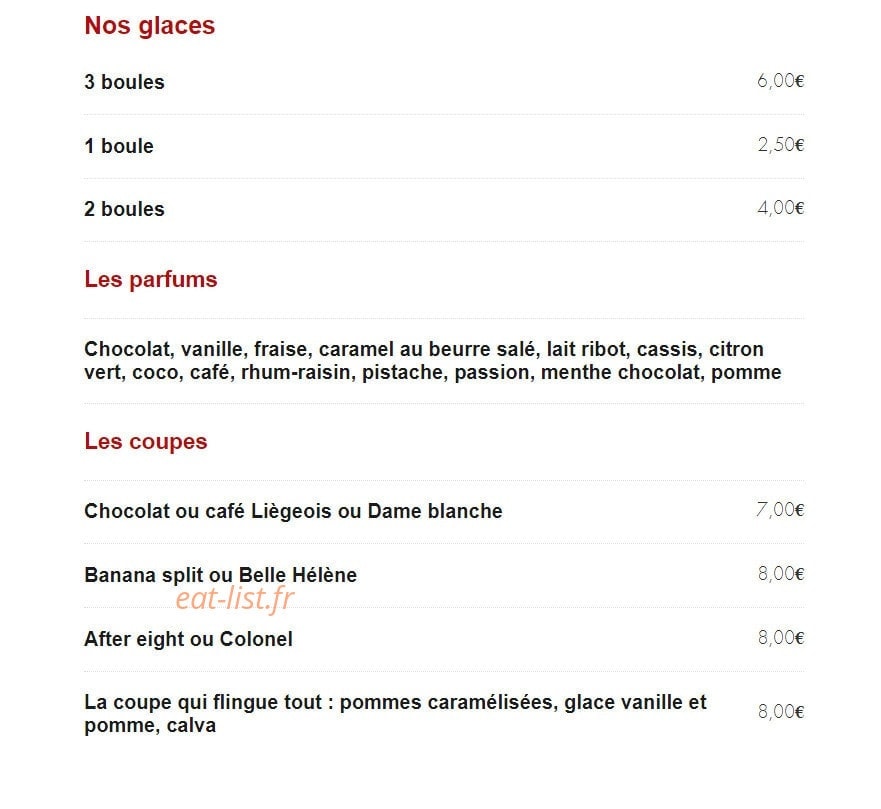 Carte et menu de Les cochons flingueurs à Saint Quay Portrieux — Les glaces et parfums
