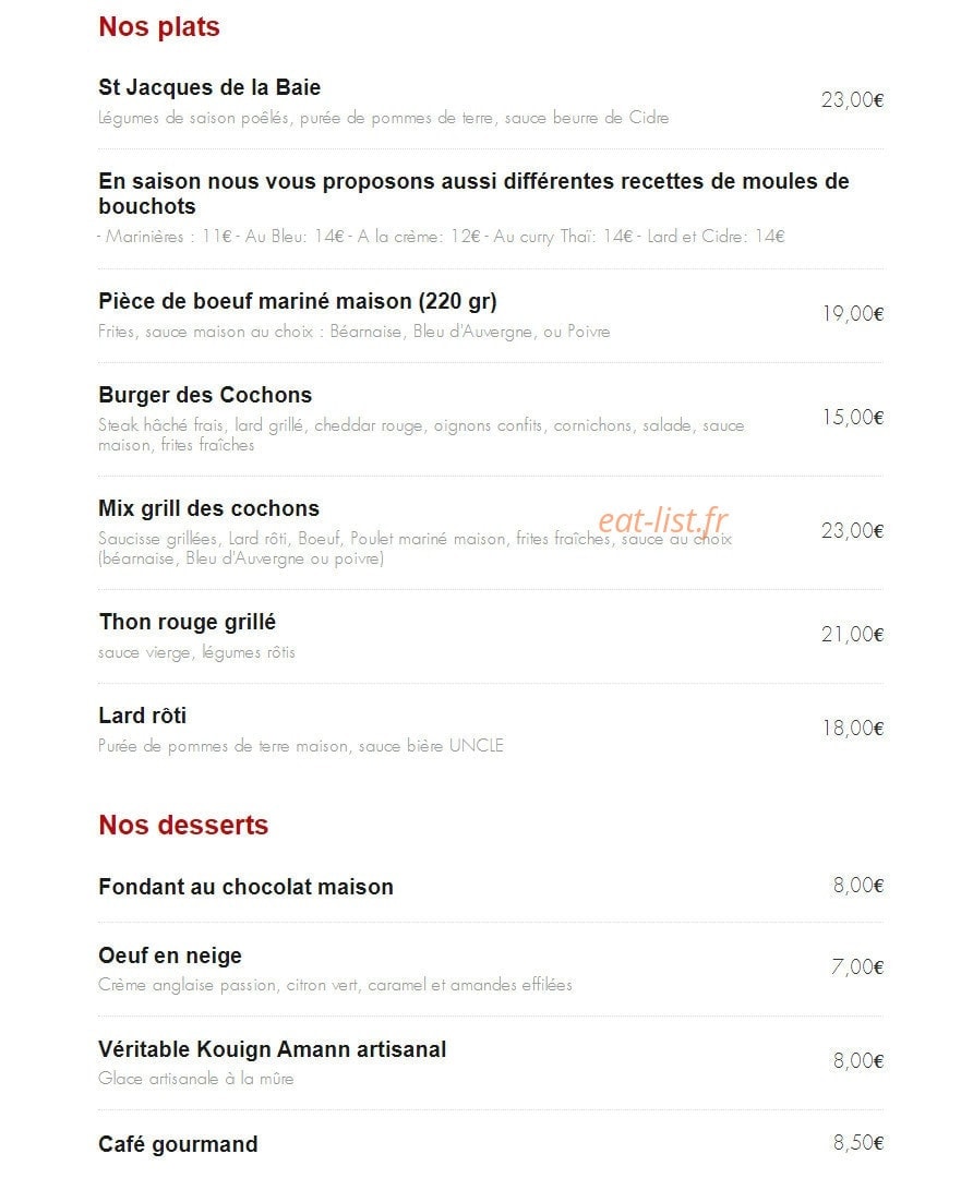 Carte et menu de Les cochons flingueurs à Saint Quay Portrieux — Les plats et desserts