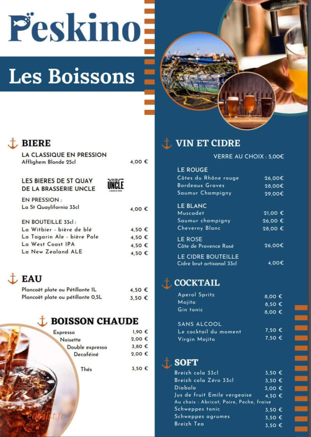 Carte et menu de Peskino à Saint Quay Portrieux — Les boissons