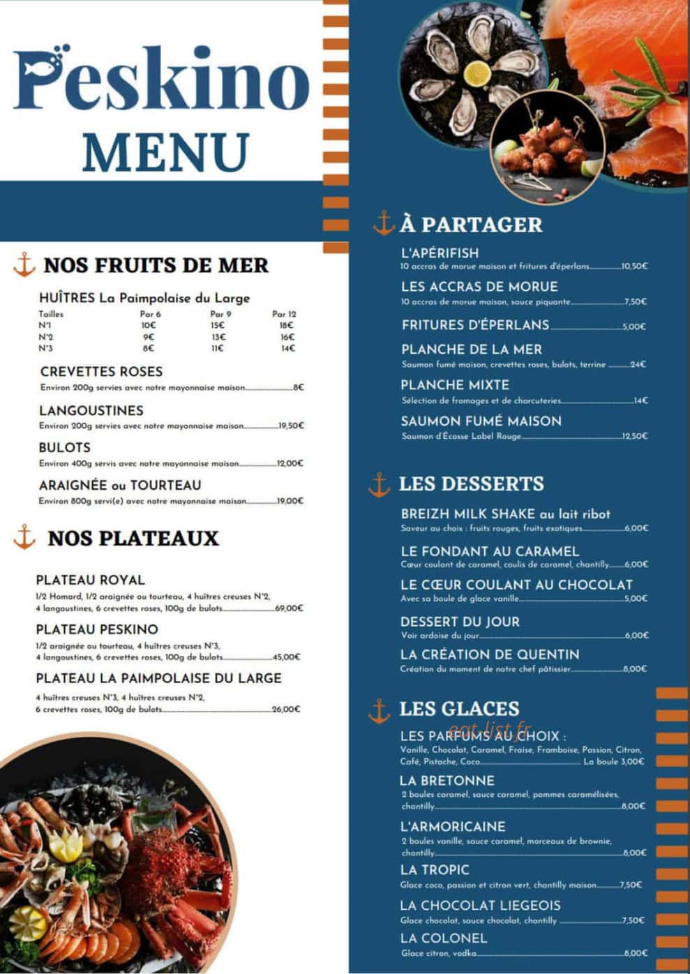 Carte et menu de Peskino à Saint Quay Portrieux — Les fruits de mer, plateaux et desserts, ...