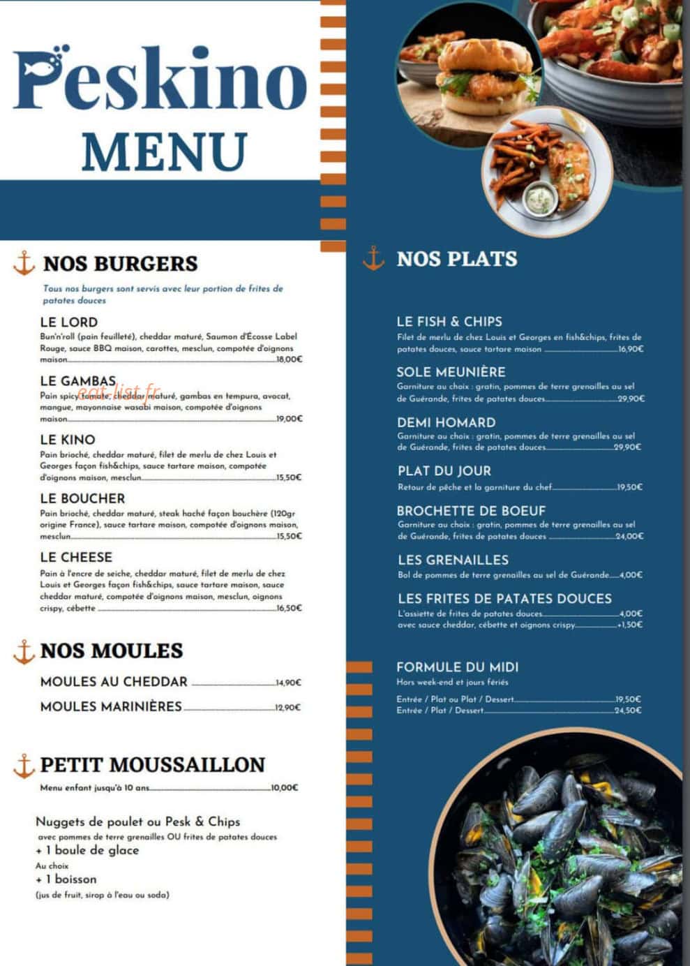 Carte et menu de Peskino à Saint Quay Portrieux — Les burgers, plats et moules, ...
