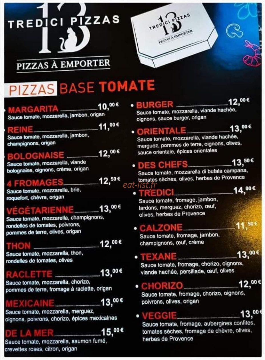 Carte et menu de Tredici Pizzas à Saint Quay Portrieux — Les pizzas base tomate