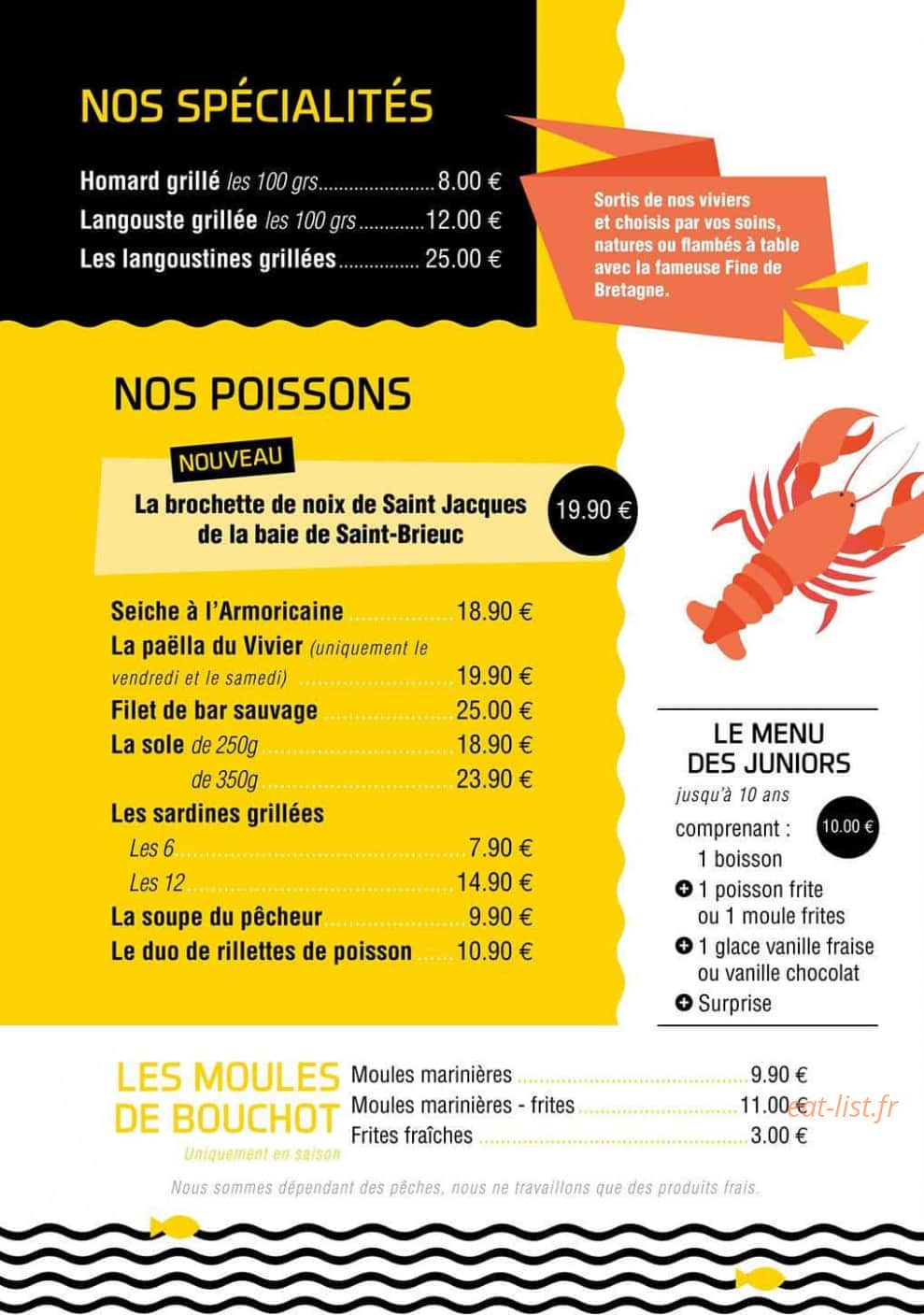 Carte et menu de Les Viviers de Saint Marc à Treveneuc — Les spécialités, poissons, moules et menu enfant