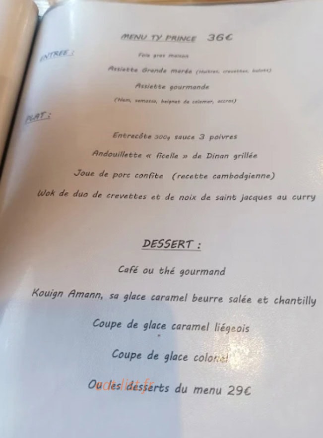 Carte et menu de Le ty Prince à Erquy — Menu