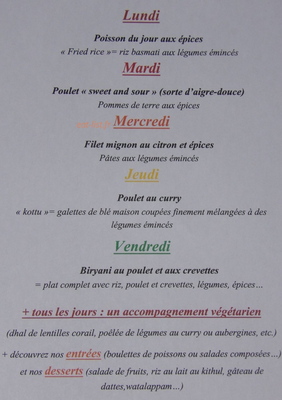 Saveurs de Colombo — carte page 1