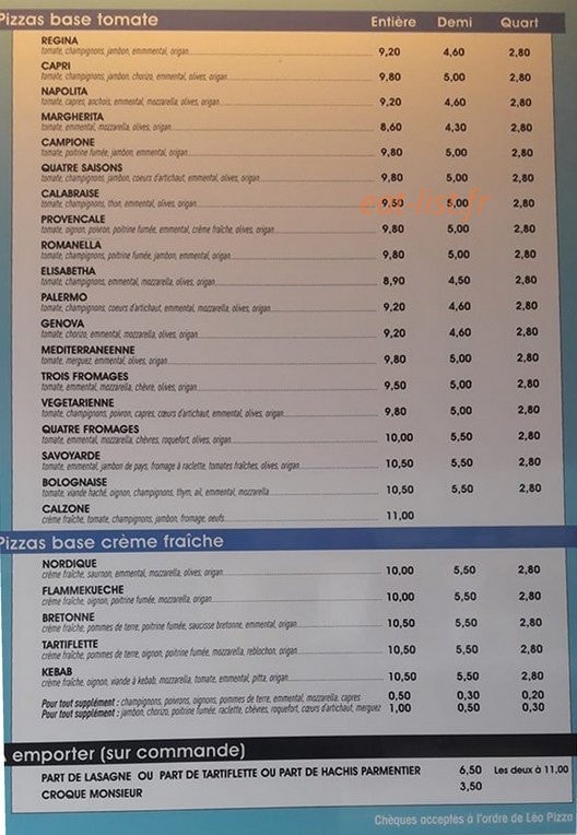 Leo pizza — carte page 1