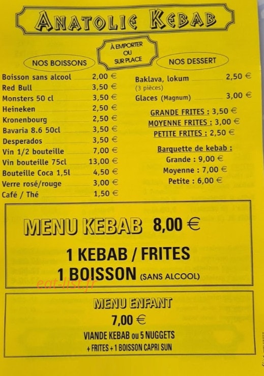 Anatolie Kebab — carte page 2