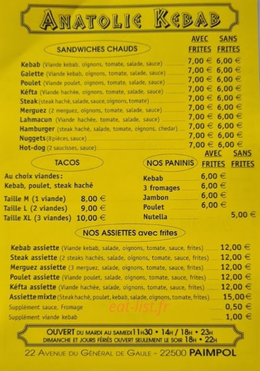 Anatolie Kebab — carte page 1