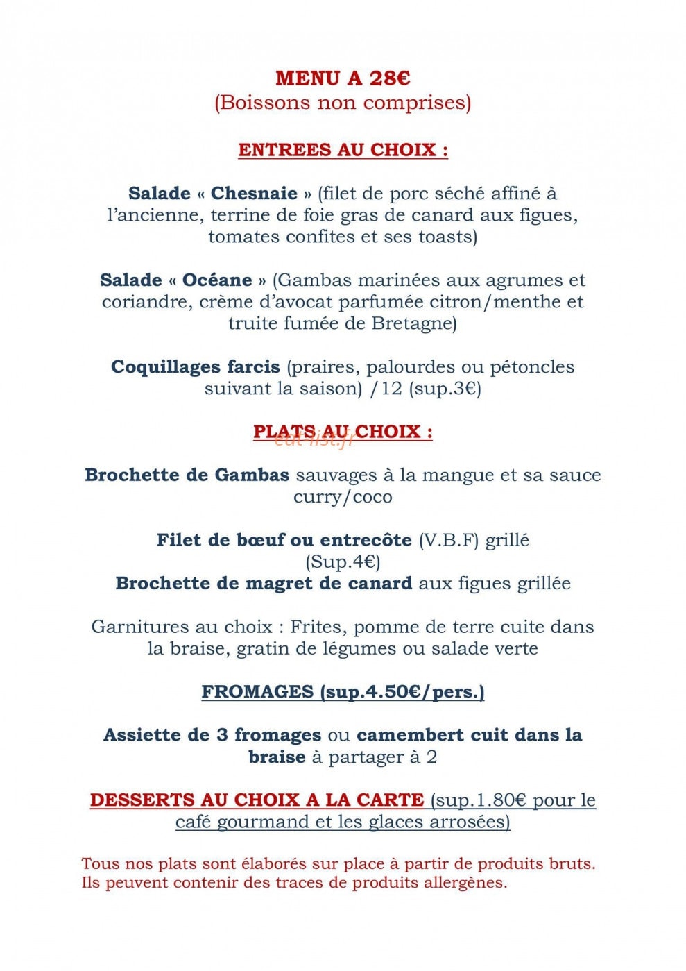 Carte et menu de Auberge de la Chesnaie à Pleudihen sur Rance — Le menu 28 €