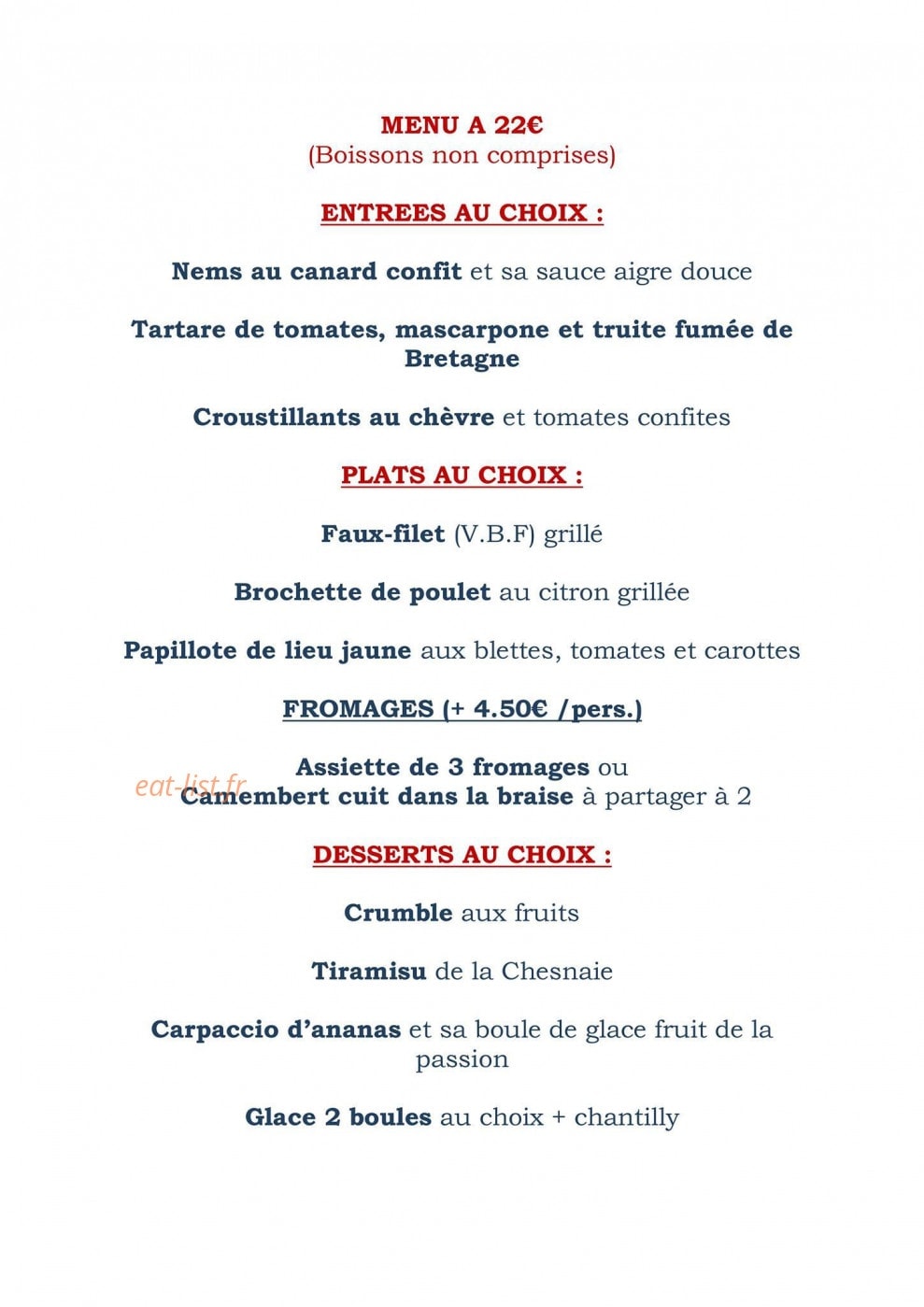 Carte et menu de Auberge de la Chesnaie à Pleudihen sur Rance — Le menu 22 €
