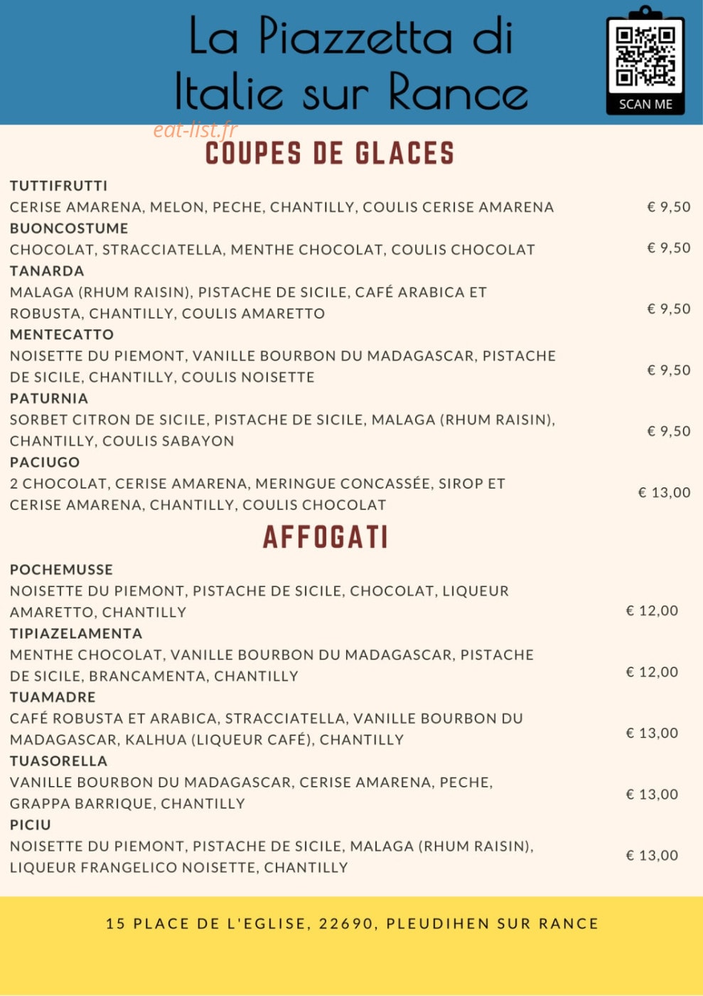 Carte et menu de La Piazzetta de Italie à Pleudihen sur Rance — Les coupes de glace, affogati