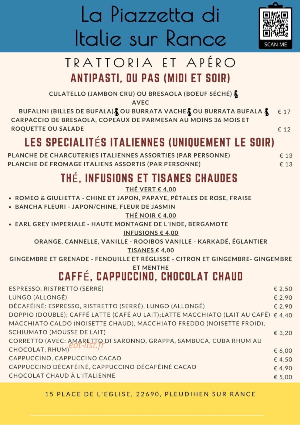 Carte et menu de La Piazzetta de Italie à Pleudihen sur Rance — Les antipastis, spécialités italiennes, ...