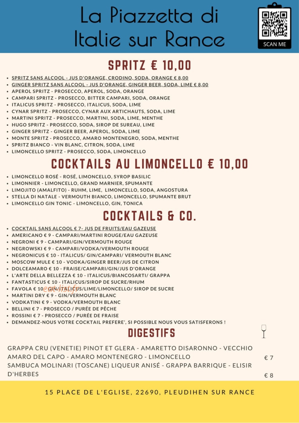 Carte et menu de La Piazzetta de Italie à Pleudihen sur Rance — Les spritz, cocktails, ...