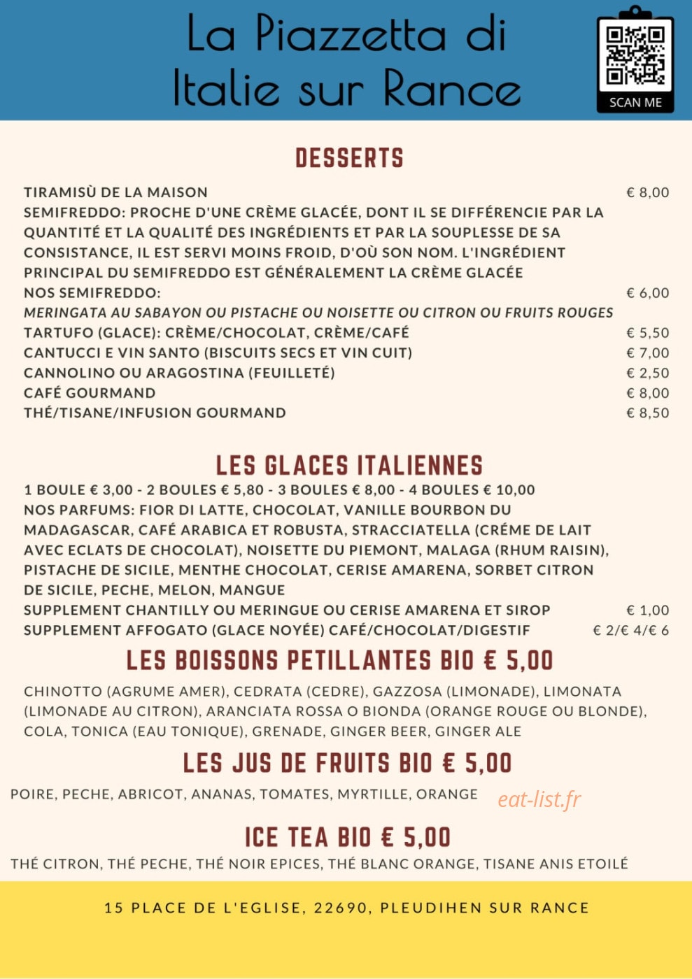 Carte et menu de La Piazzetta de Italie à Pleudihen sur Rance — Les desserts, glaces italiennes, ...