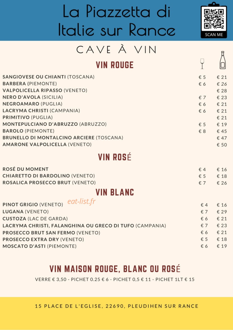 Carte et menu de La Piazzetta de Italie à Pleudihen sur Rance — La cave à vin